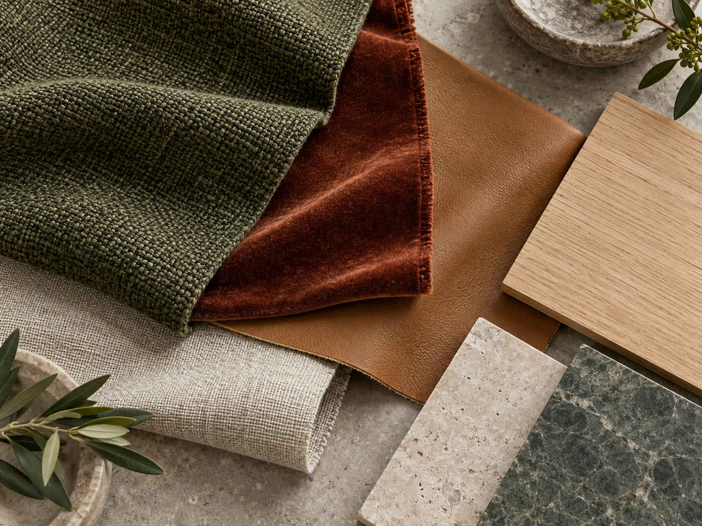 Olive fabric, terracotta velvet, tan leather, oak and stone samples