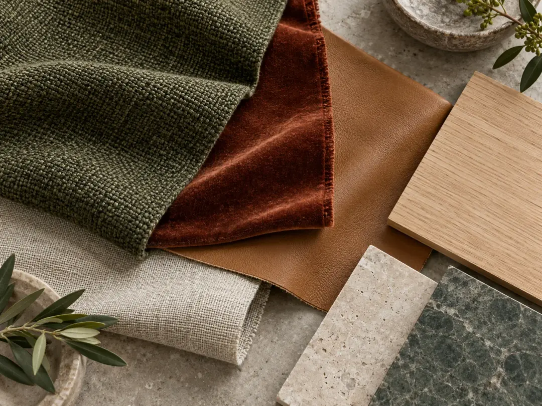 Fabric, leather, wood and stone reference samples