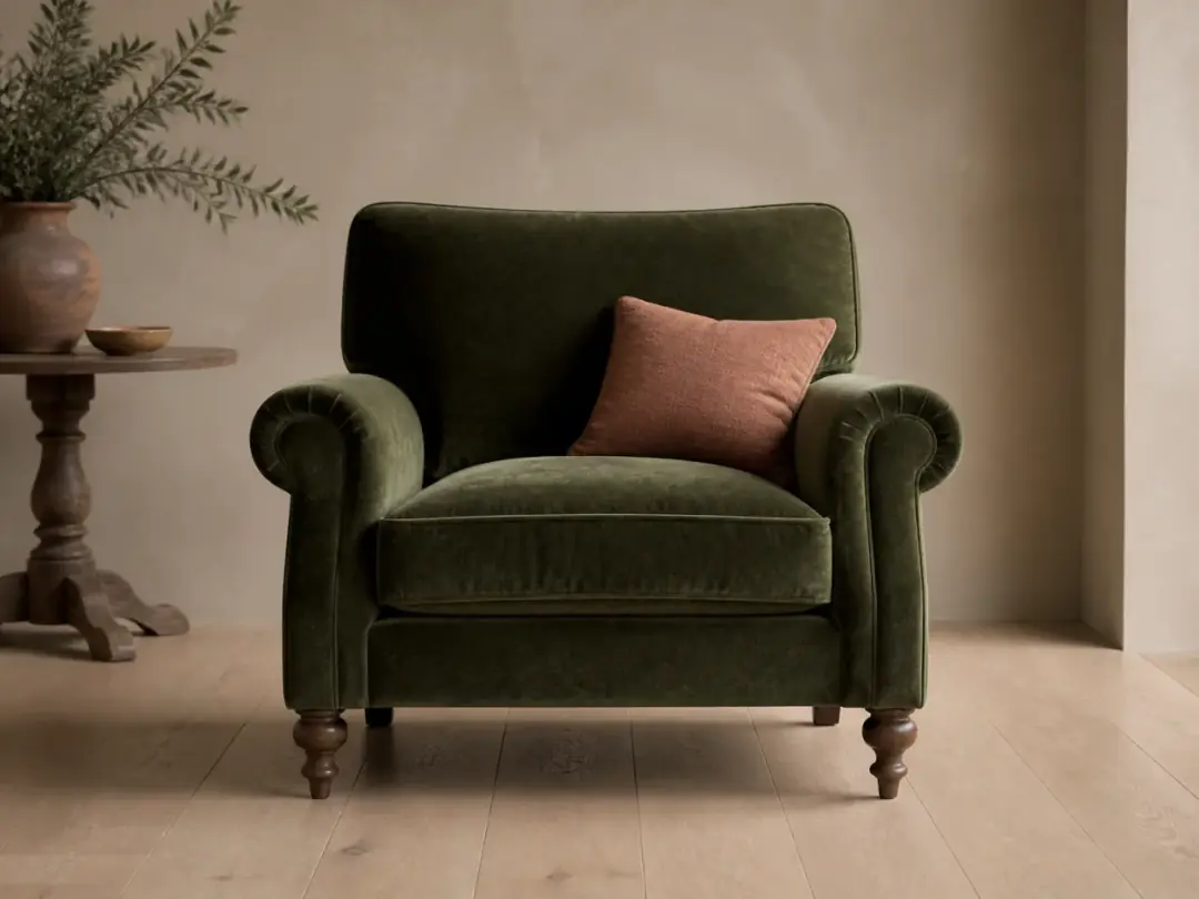 Illustrative moss velvet upholstery choice